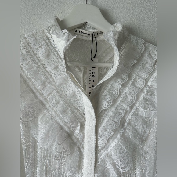 Alice + Olivia | RHEBA MOCK NECK BUTTON FRONT LACE TOP - Picture 9 of 13